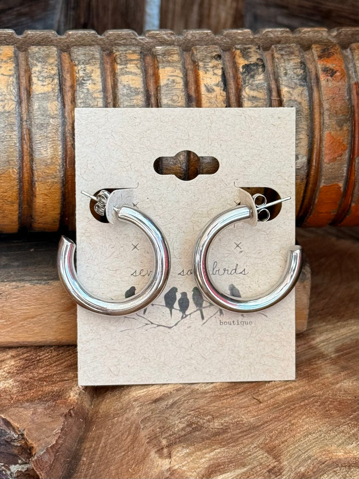 Silver hoop earrings with circular shape and front stud clasp, close-up on display card