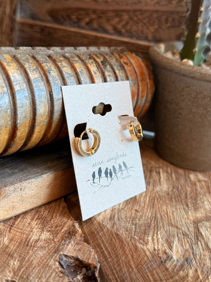 Gold-plated hoop stud earrings, close view of twisted loops on card