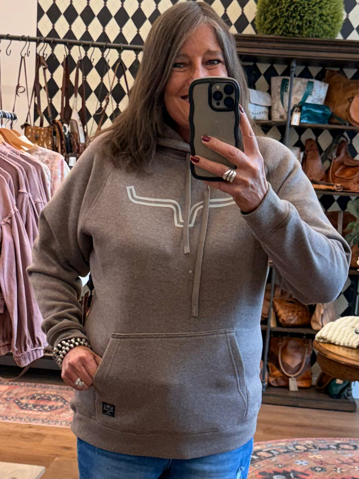 Heather brown hooded sweatshirt front view with contrast chest logo and drawstring hood