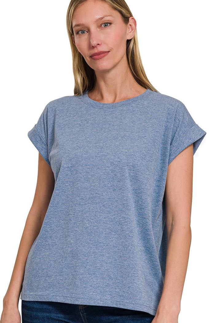 Blue heather crew-neck short-sleeve T-shirt with folded sleeves