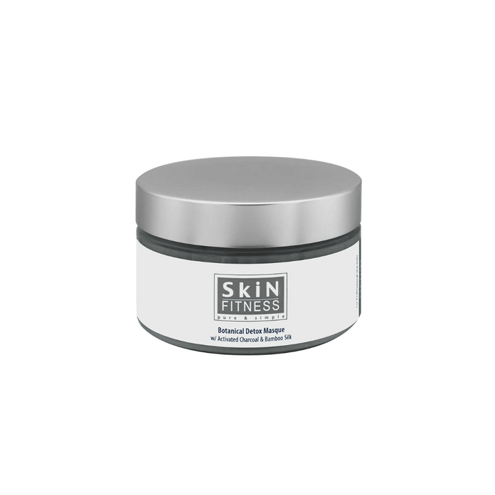 Jar of Botanical Detox Masque | Skin Fitness Therapy with a silver lid and minimalist white label featuring activated charcoal and bamboo silk for skincare.