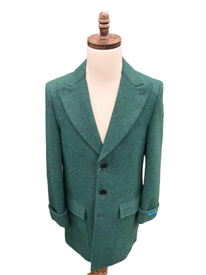 Canuti By Steven Land Mens Green 100% Wool 3/4 Length Overcoat With Peak Lapels - The Suit Depot