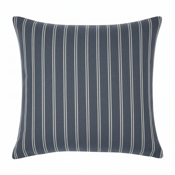 A square-shaped cushion with blue and white stripes
