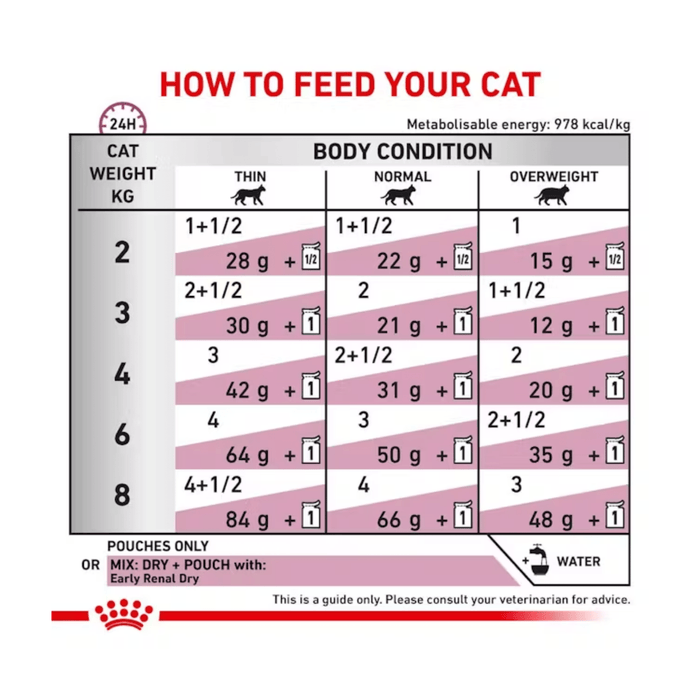 Royal Canin Feline Early Renal wet food feeding guide.