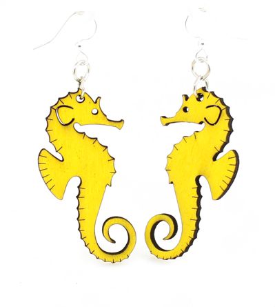 Seahorse earrings with curled tail, eco-friendly laser-cut jewelry made in USA
