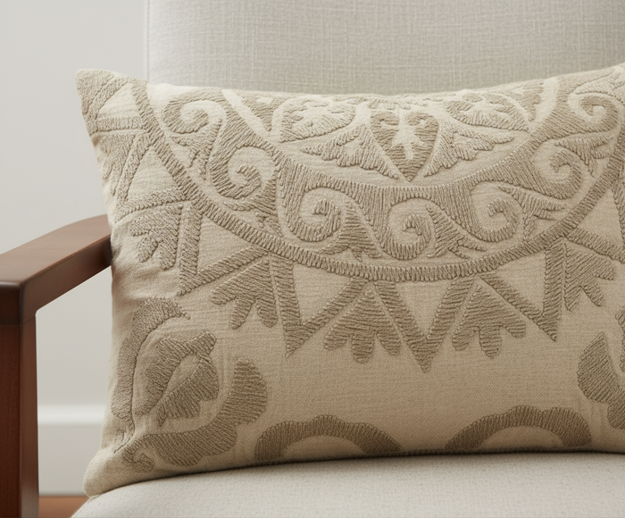 Decorative pillow with intricate patterns on a neutral background