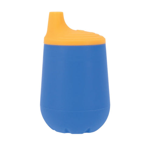 The Nuby US 3-Stage Training Cup Set in blue features a yellow lid and spout, perfect for toddlers learning to drink independently.