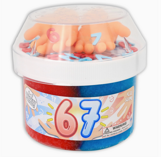 Container of orange and pink slime with number '6' and '7' on a colorful label.