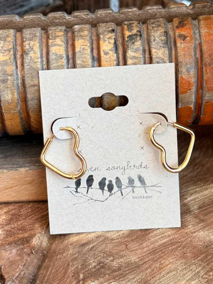 Gold-tone heart stud earrings with circular hoops, open front