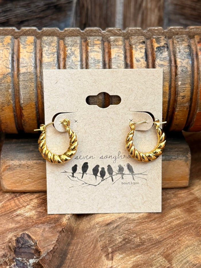 Twisted gold-tone hoop stud earrings with lever-back clasp, on display card