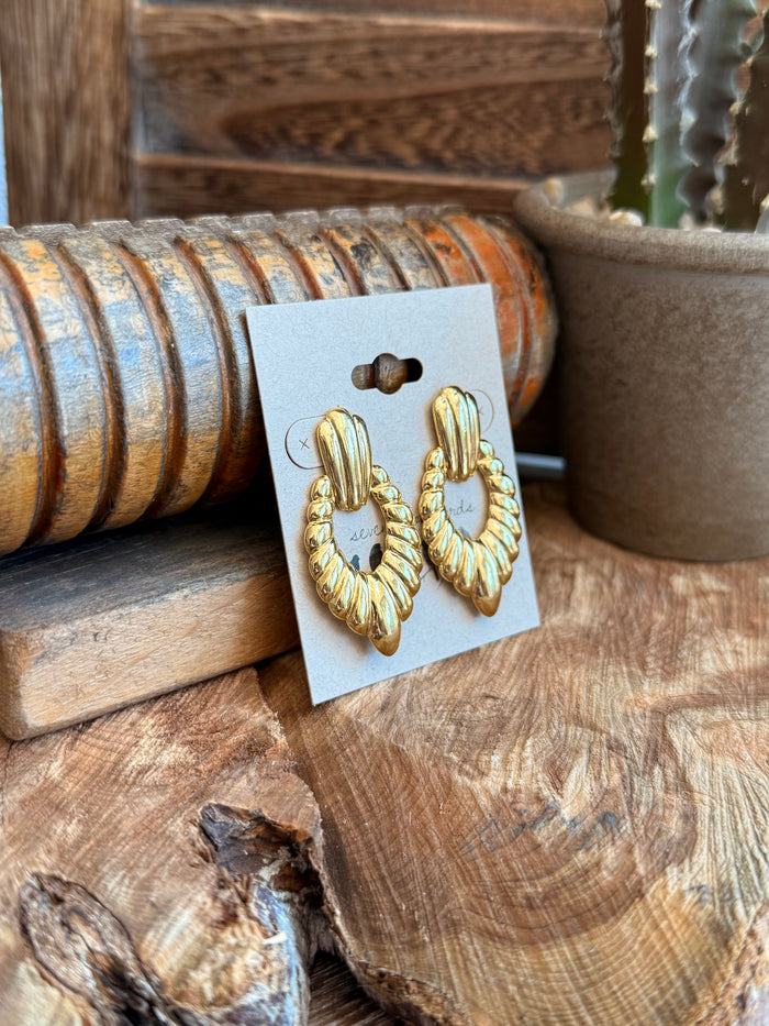 Gold textured teardrop stud earrings, front view with stud posts on card