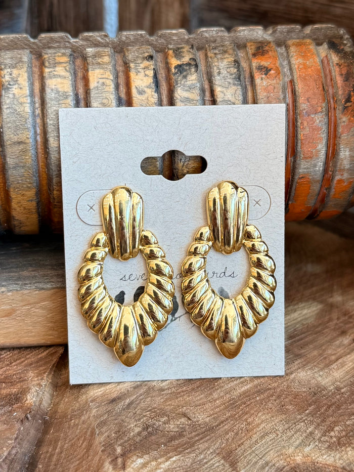 Gold ribbed teardrop stud earrings, close-up on display card with posts
