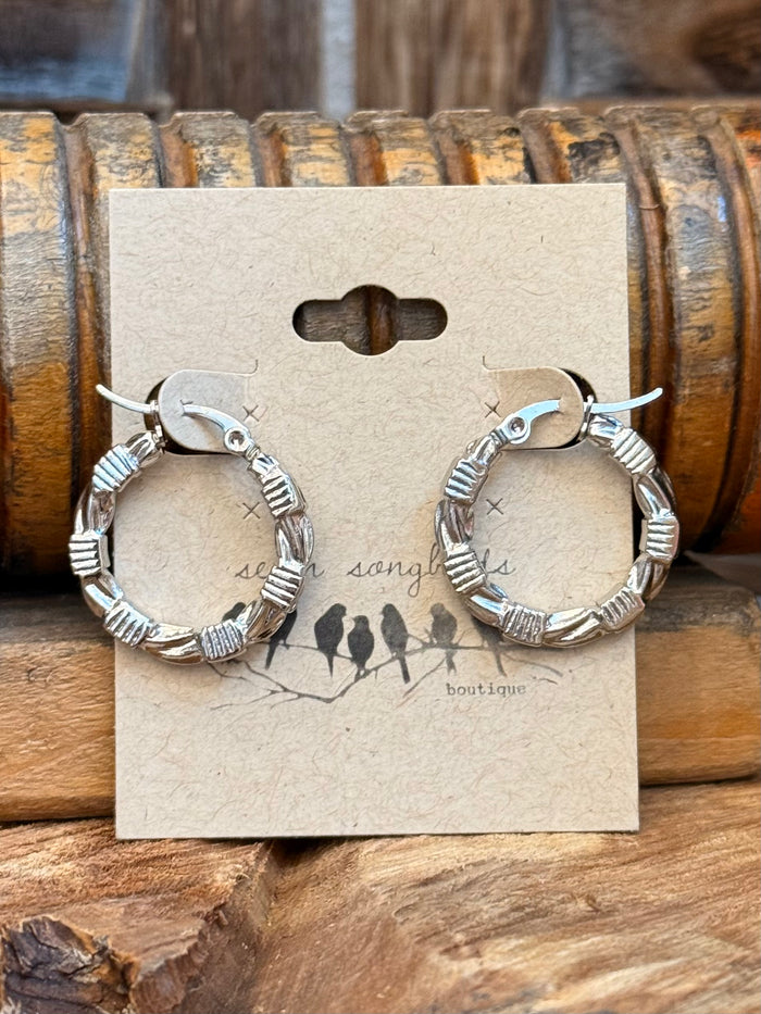 Textured silver barbed-wire hoop stud earrings, rounded hoops with clasp