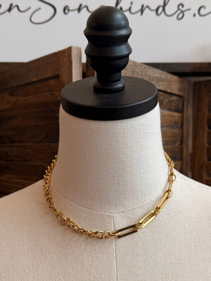 Gold plated chain necklace featuring alternating big and small link segments