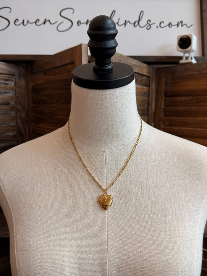 Gold-plated heart photo box necklace on a thin chain, with small heart locket pendant