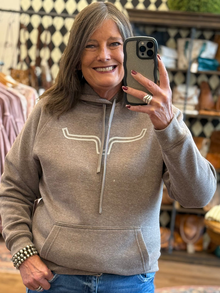 Kimes Outlier heather brown hooded sweatshirt with white chest logo and drawstrings
