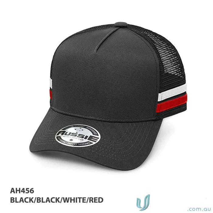 Black trucker cap with stripes ideal for work uniforms and casual workwear