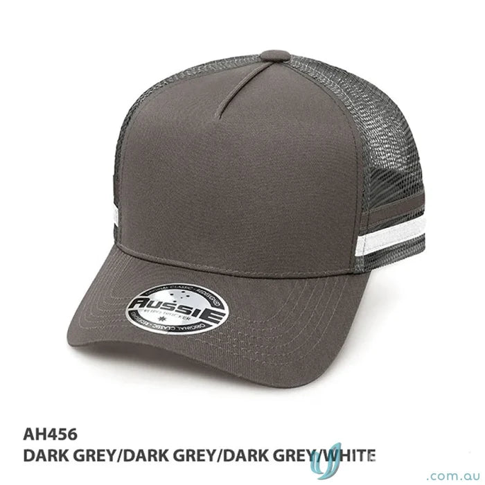 Dark grey A-Frame Striped Trucker Cap, great for work uniforms and casual wear