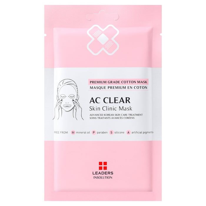 Packaging of AC Clear Skin Clinic Mask | Leaders featuring a premium grade cotton sheet mask designed for advanced Korean skincare treatment promoting clear and healthy skin.
