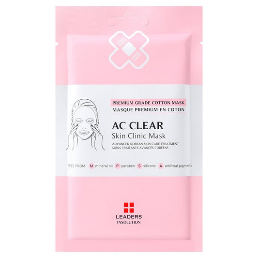 Packaging of AC Clear Skin Clinic Mask | Leaders featuring a premium grade cotton sheet mask designed for advanced Korean skincare treatment promoting clear and healthy skin.