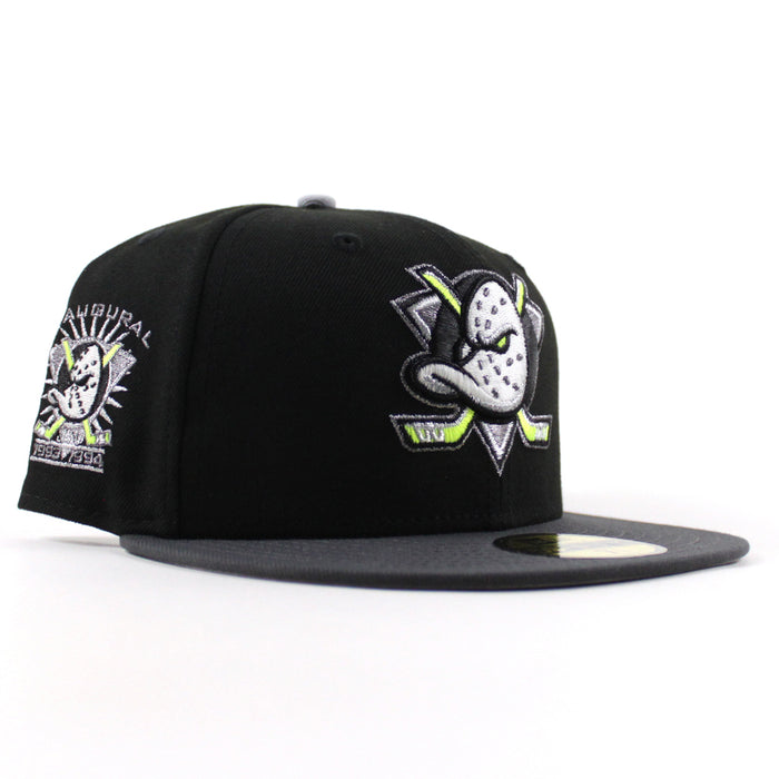 Anaheim Ducks 1993-1994 Inaugural Season New Era 59Fifty Fitted Hat (Black Dark Graphite Gray Under brim)