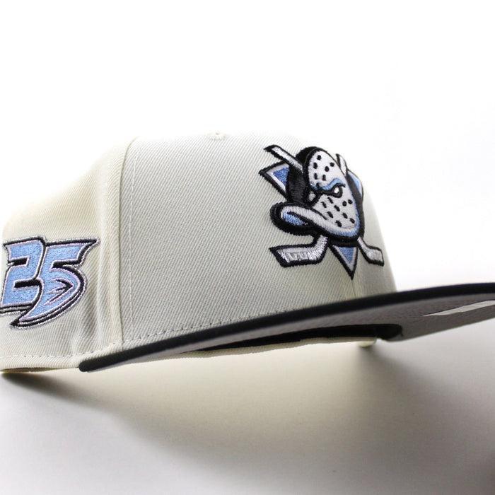 Anaheim Ducks 25 New Era 59Fifty Fitted Hat (Chrome White Black Gray Under brim)