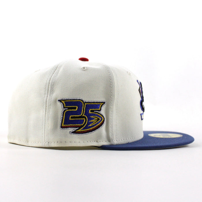 Anaheim Ducks 25 Years New Era 59Fifty Fitted Hat (Chrome White Royal Blue Gray Under brim)