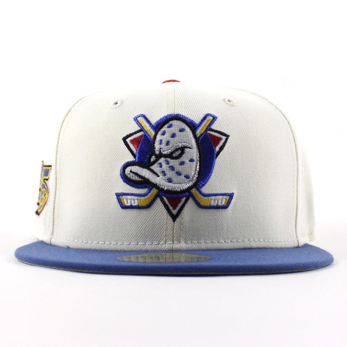 Anaheim Ducks 25 Years New Era 59Fifty Fitted Hat (Chrome White Royal Blue Gray Under brim)