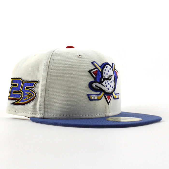 Anaheim Ducks 25 Years New Era 59Fifty Fitted Hat (Chrome White Royal Blue Gray Under brim)