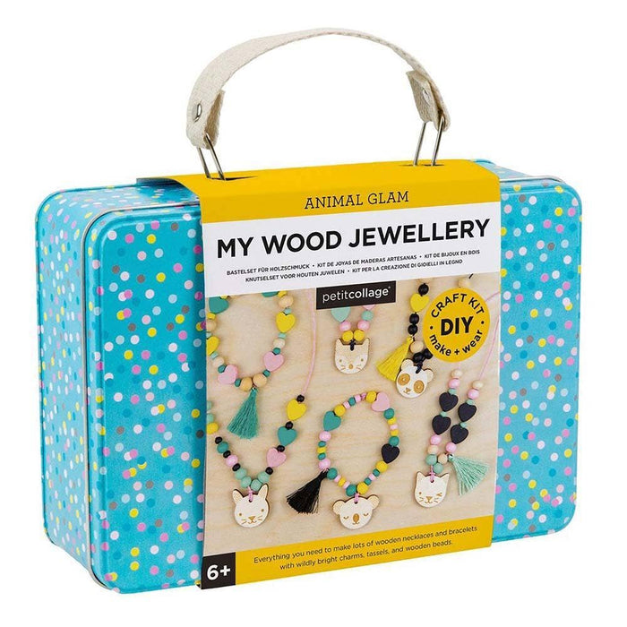 Wooden jewellery craft kit packaging with colorful polka dot design on a beige background