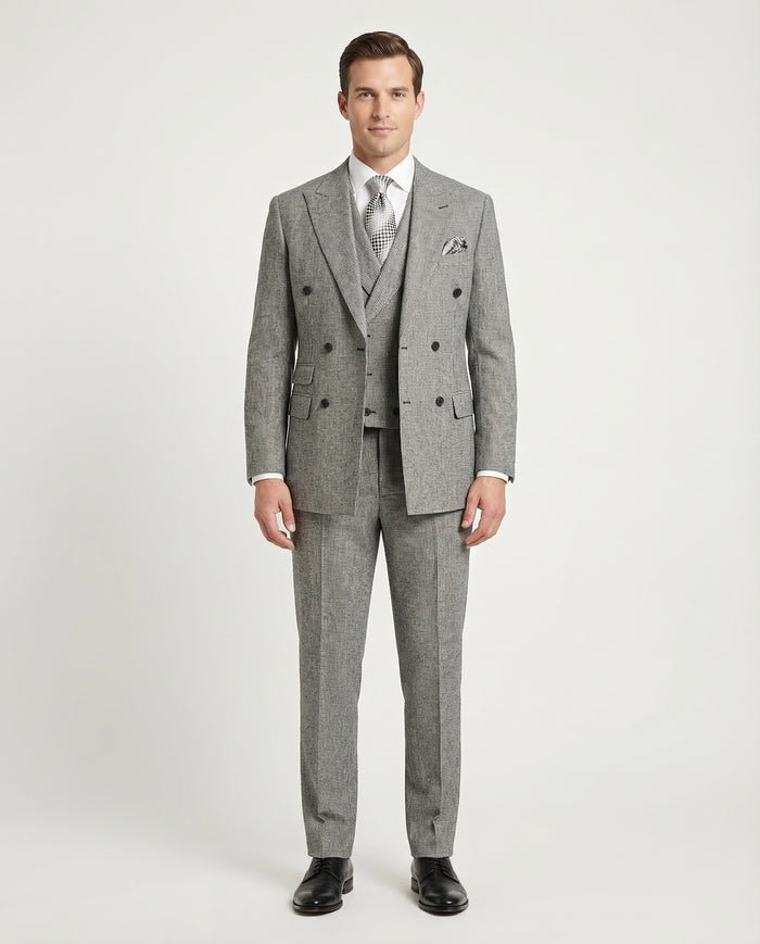 Apollo King Mens Classic Fit Black Check Double Breasted 100% Wool 3 Piece Suit