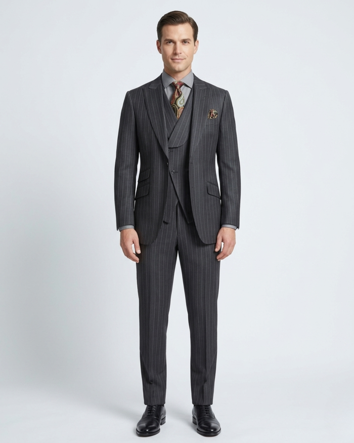 Apollo King Mens Classic Fit Charcoal Gray Striped 100% Wool 3 Piece Suit