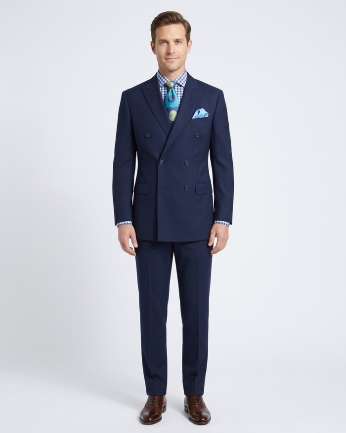 Apollo King Mens Classic Fit Navy Blue Double Breasted 100% Wool 3 Piece Suit