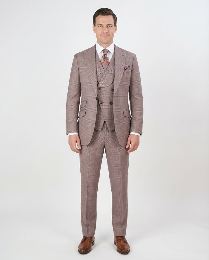 Apollo King Mens Classic Fit Purple Plaid 100% Wool 3 Piece Suit