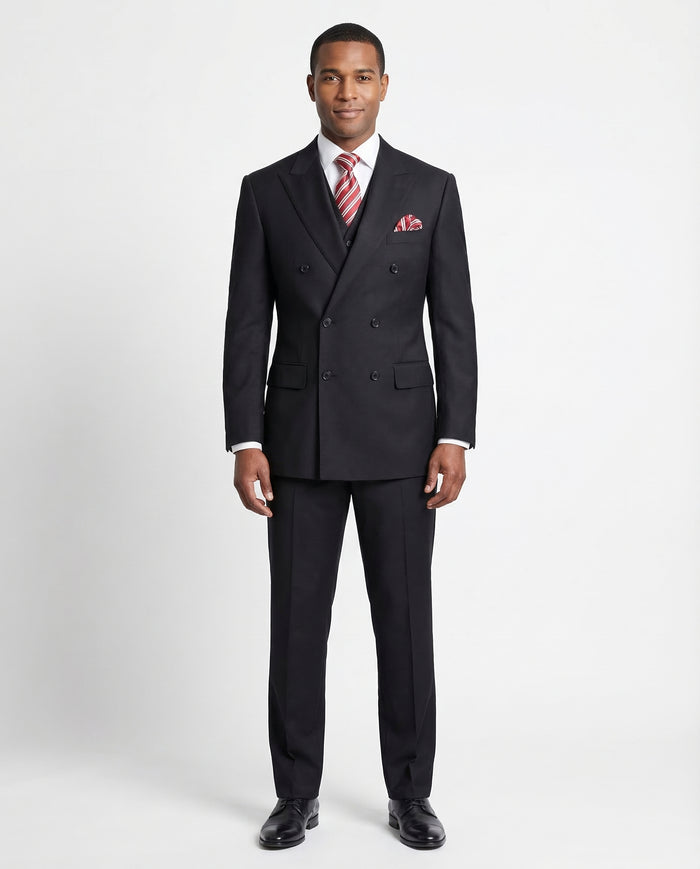 Apollo King Mens Classic Fit Solid Black Double Breasted 100% Wool 3 Piece Suit