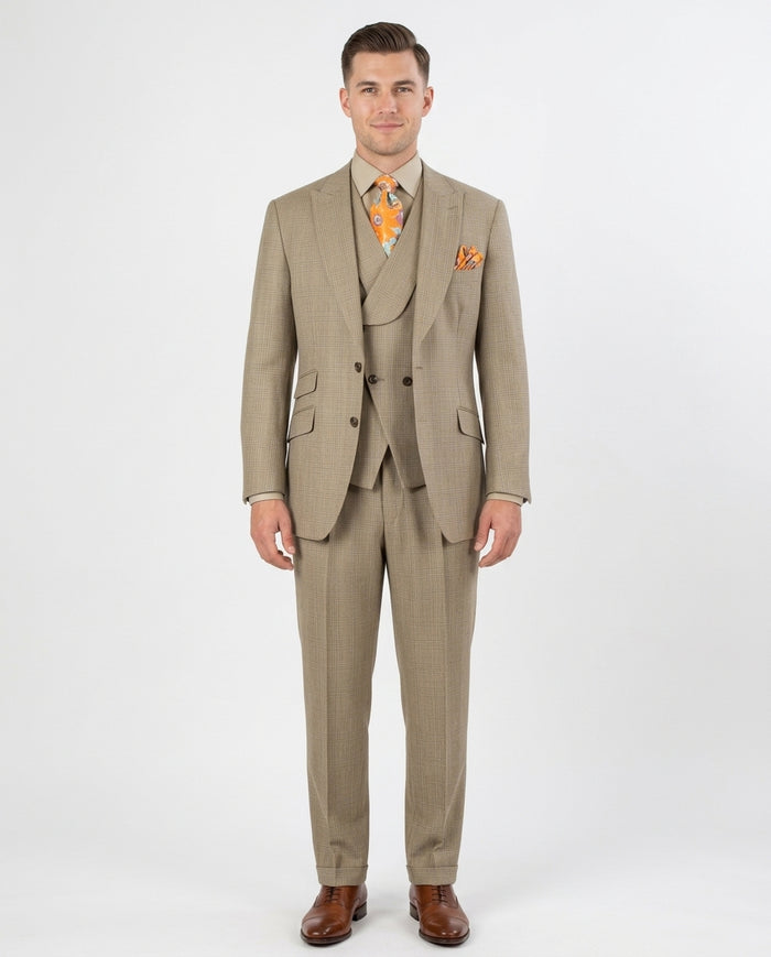 Apollo King Mens Classic Fit Tan Check 100% Wool 3 Piece Suit