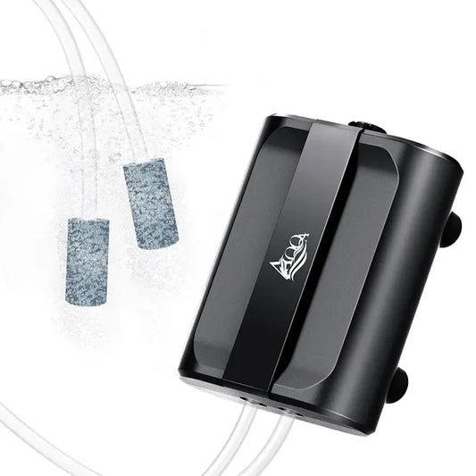 Black rectangular aquarium air pump with matte finish and silver logo for dual outlet oxygen supply 20 to 40 gallons