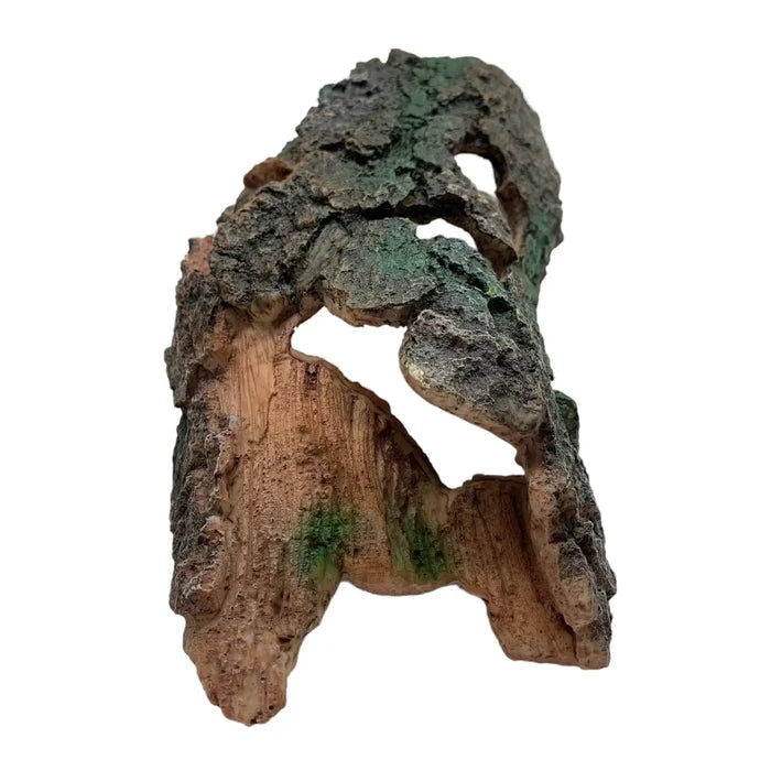 Aquarium cave natural half trunk made of rustic driftwood with rough bark exterior and visible wood grain