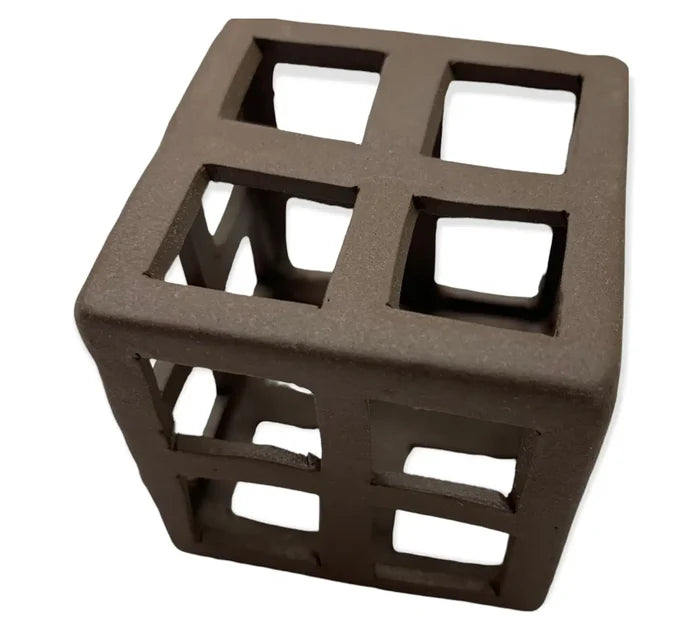 Dark brown textured aquarium shrimp hut square with grid of square cutouts on each face for shrimp habitat