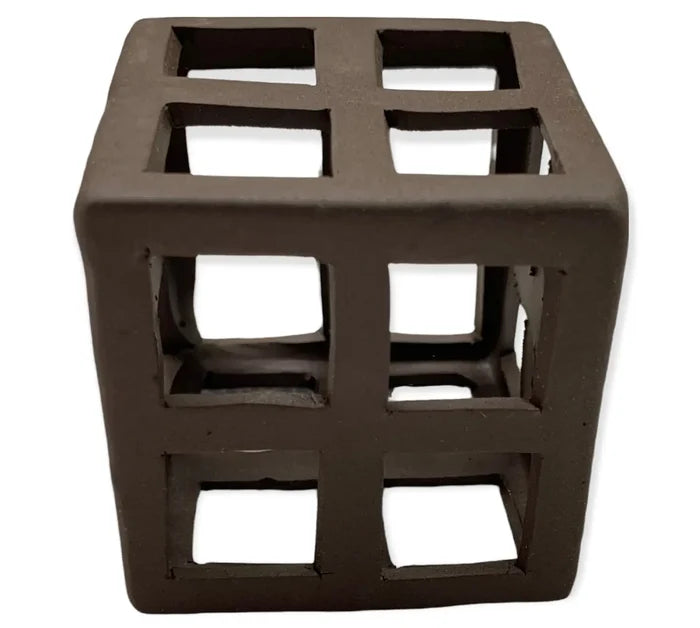 Dark brown cube-shaped aquarium shrimp hut square with grid of square cutouts for shrimp shelter and decoration