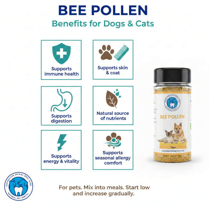 Bee pollen benefits for dogs and cats with a product label on a white background