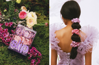 Packaged scrunchies with a floral arrangement and a person wearing scrunchies in their hair.