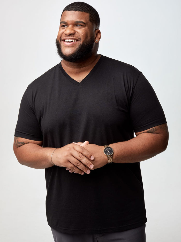 Steven is 6', 275lbs and wears a size 3xl # V-Neck Best Sellers Pack with Black | Fresh Clean Threads