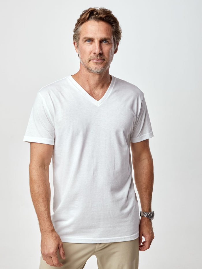 Ariel is 6'1, 175lbs and wears a size M # White V-Neck | Best Sellers | Fresh Clean Threads