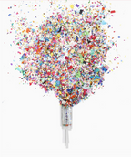 Colorful confetti being shot out of a syringe on a white background