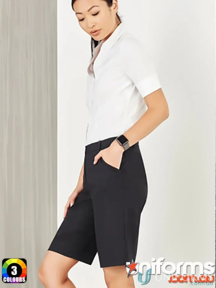 Bizcare Women’s Comfort Waist Cargo Short in black with white shirt, perfect for summer