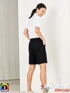 Bizcare women’s comfort waist cargo short with black shorts and white polo shirt