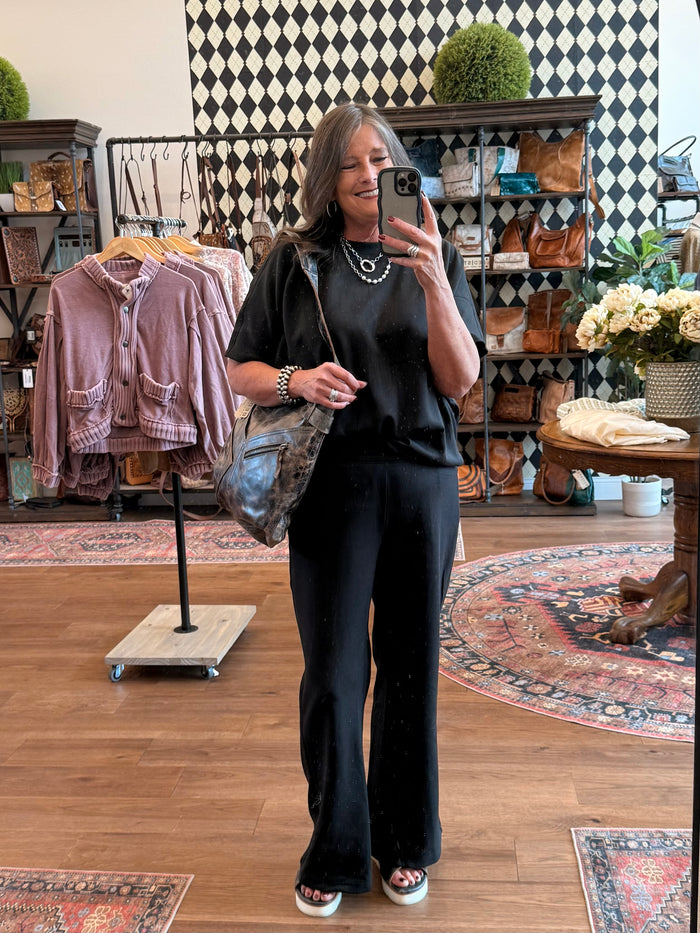 Black crew-neck short-sleeve T-shirt and wide-leg pants set