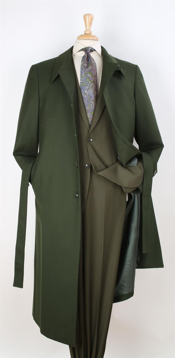 Black Diamond Mens Solid Green 100% Wool Gabardine Belted Duster Overcoat - The Suit Depot