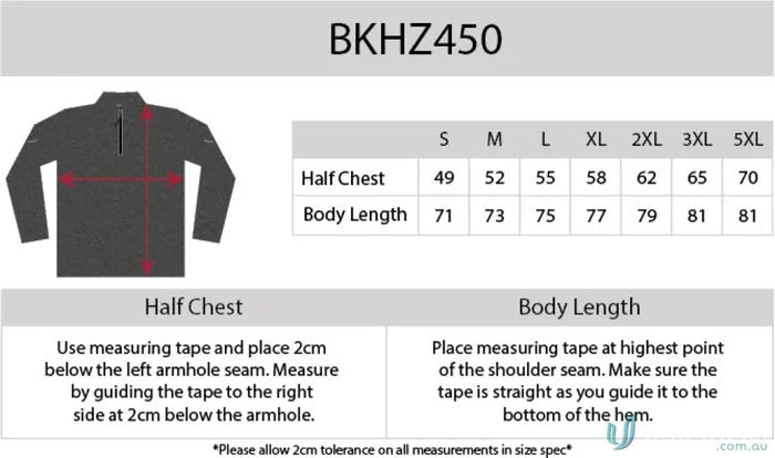 Clothing size chart for Black Kanvas Half Zip Jumper with Aegis Microbe Shield tech